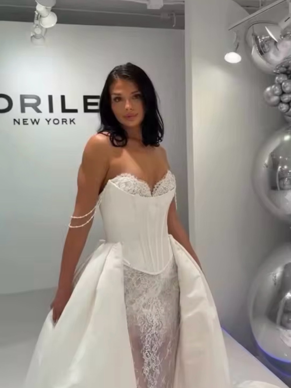 Strapless White Lace Corset Gown with Overskirt